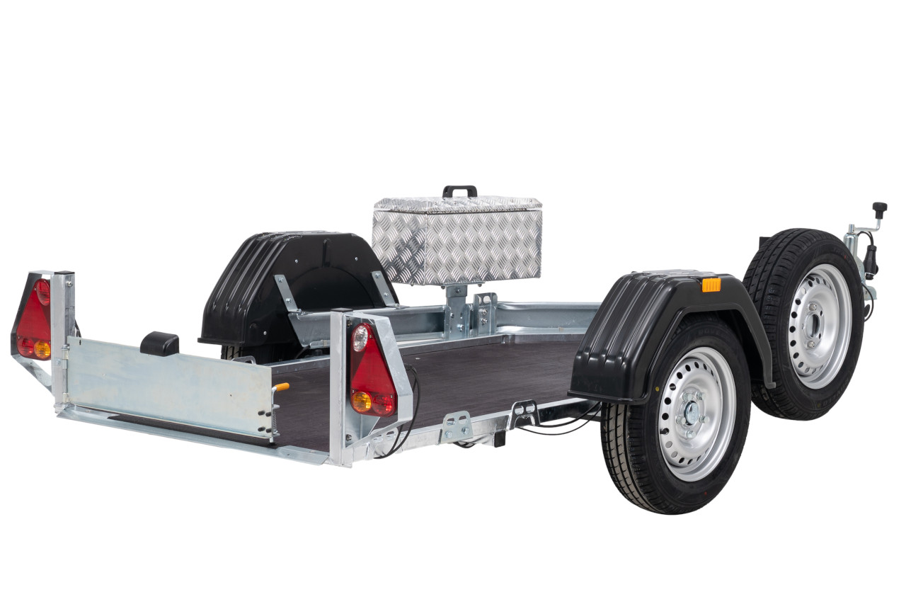 Debon Roadster Moto 1V3 600kg kippbar +Ersatzrad +Staubox +Motorradauffahrschiene – Bild 5